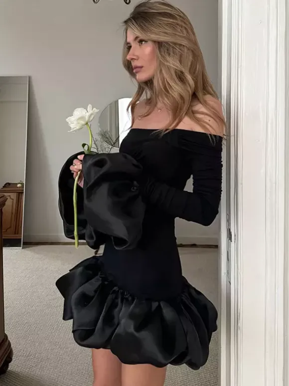 Off Shoulder Puff Hem Ruched Long Sleeve Bodycon Mini Dress For Women 2026