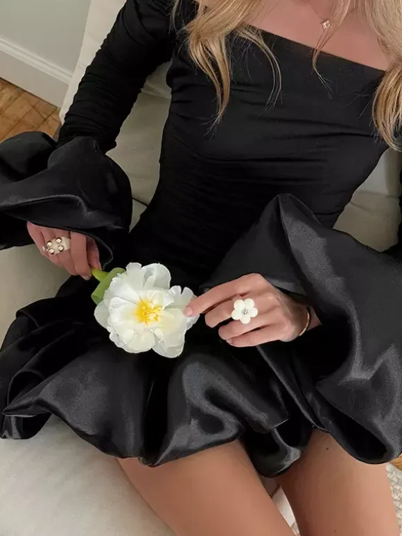 Off Shoulder Puff Hem Ruched Long Sleeve Bodycon Mini Dress For Women 2026