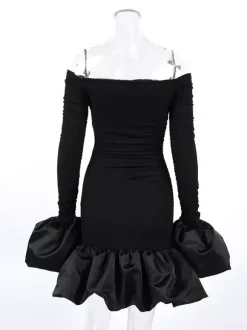 Off Shoulder Puff Hem Ruched Long Sleeve Bodycon Mini Dress For Women 2026