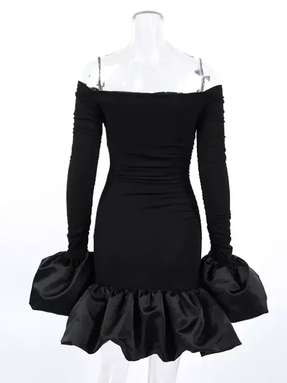 Off Shoulder Puff Hem Ruched Long Sleeve Bodycon Mini Dress For Women 2026