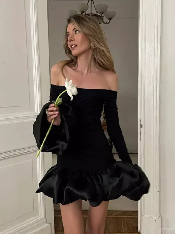 Off Shoulder Puff Hem Ruched Long Sleeve Bodycon Mini Dress For Women 2026