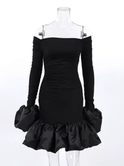 Off Shoulder Puff Hem Ruched Long Sleeve Bodycon Mini Dress For Women 2026