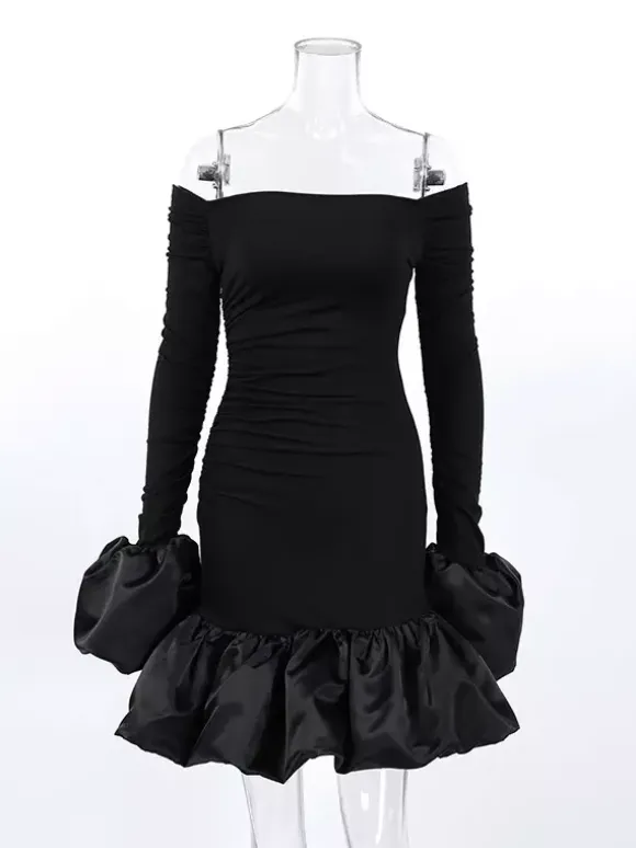 Off Shoulder Puff Hem Ruched Long Sleeve Bodycon Mini Dress For Women 2026