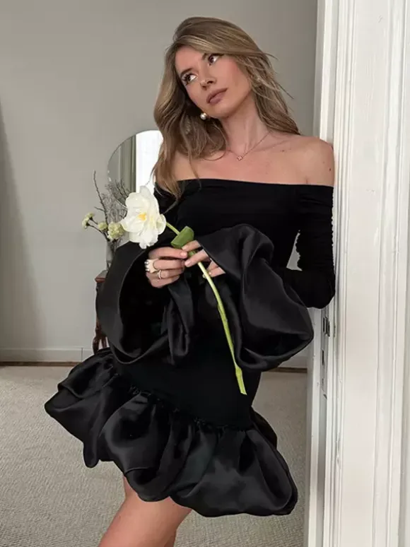 Off Shoulder Puff Hem Ruched Long Sleeve Bodycon Mini Dress For Women 2026