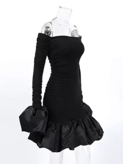Off Shoulder Puff Hem Ruched Long Sleeve Bodycon Mini Dress For Women 2026