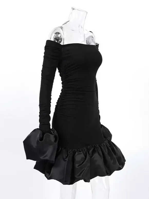 Off Shoulder Puff Hem Ruched Long Sleeve Bodycon Mini Dress For Women 2026