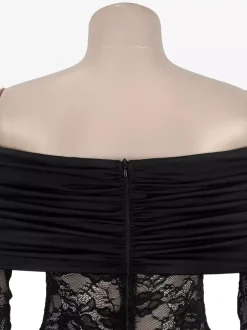 Off Shoulder Ruched Lace Sheer Panel Slim Fit Fishtail Long Gown For Women 2026
