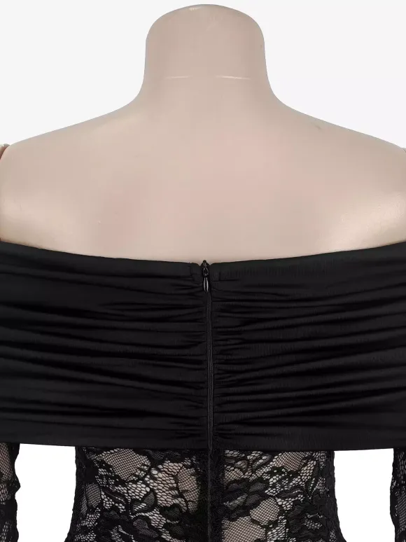 Off Shoulder Ruched Lace Sheer Panel Slim Fit Fishtail Long Gown For Women 2026