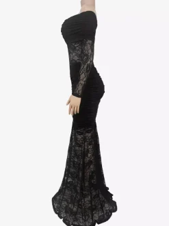 Off Shoulder Ruched Lace Sheer Panel Slim Fit Fishtail Long Gown For Women 2026