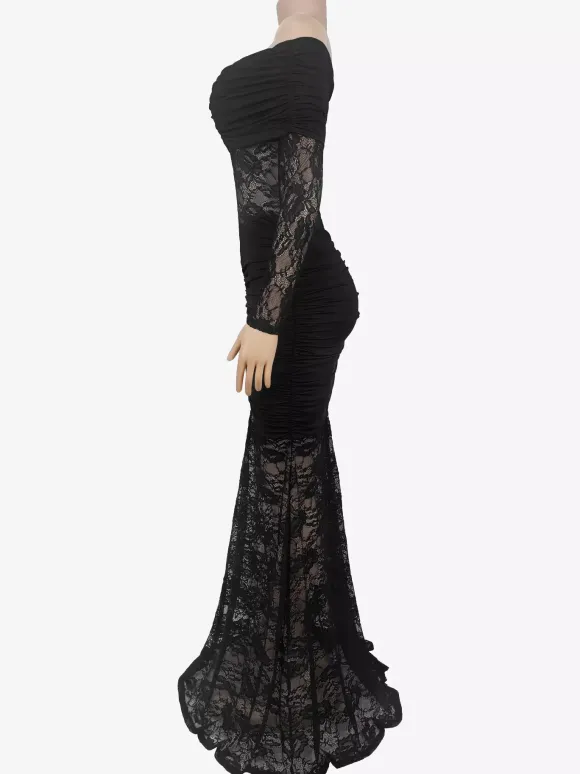 Off Shoulder Ruched Lace Sheer Panel Slim Fit Fishtail Long Gown For Women 2026