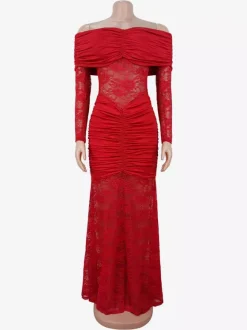 Off Shoulder Ruched Lace Sheer Panel Slim Fit Fishtail Long Gown For Women 2026