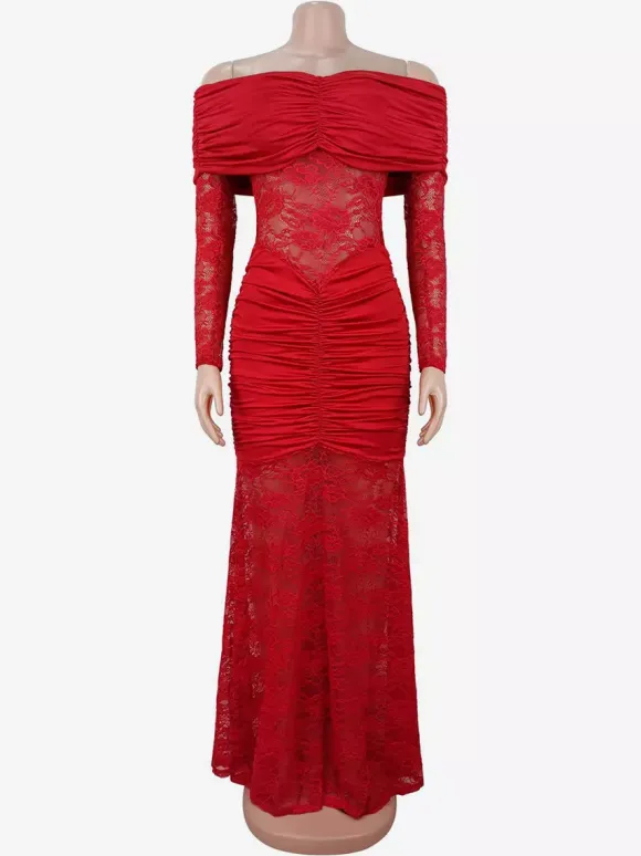 Off Shoulder Ruched Lace Sheer Panel Slim Fit Fishtail Long Gown For Women 2026