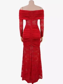 Off Shoulder Ruched Lace Sheer Panel Slim Fit Fishtail Long Gown For Women 2026