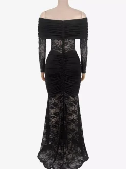 Off Shoulder Ruched Lace Sheer Panel Slim Fit Fishtail Long Gown For Women 2026