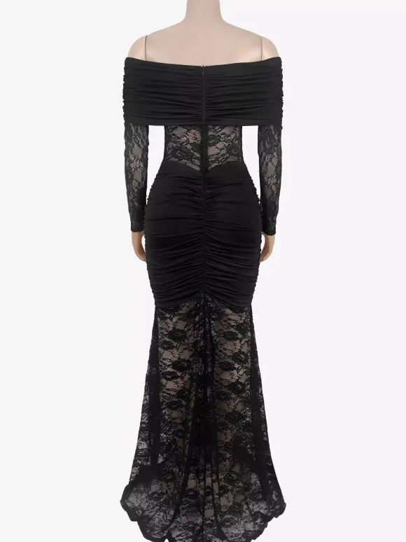 Off Shoulder Ruched Lace Sheer Panel Slim Fit Fishtail Long Gown For Women 2026
