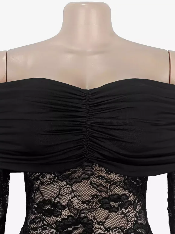 Off Shoulder Ruched Lace Sheer Panel Slim Fit Fishtail Long Gown For Women 2026