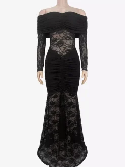 Off Shoulder Ruched Lace Sheer Panel Slim Fit Fishtail Long Gown For Women 2026