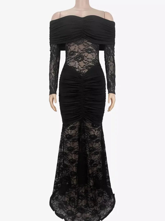 Off Shoulder Ruched Lace Sheer Panel Slim Fit Fishtail Long Gown For Women 2026