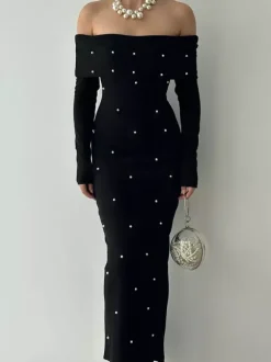 Off Shoulder Women's Maxi Dress - Elegant Pearl Beaded Back Slit Black Bodycon - Spring Party Wear 2026