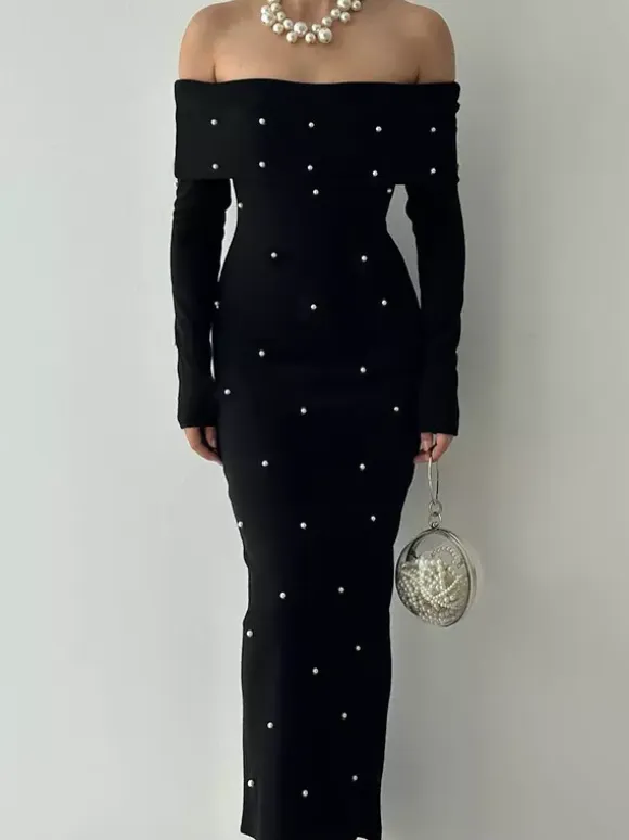 Off Shoulder Women's Maxi Dress - Elegant Pearl Beaded Back Slit Black Bodycon - Spring Party Wear 2026