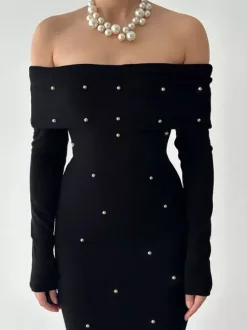Off Shoulder Women's Maxi Dress - Elegant Pearl Beaded Back Slit Black Bodycon - Spring Party Wear 2026