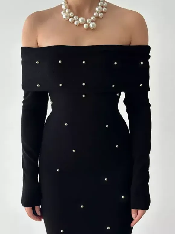 Off Shoulder Women's Maxi Dress - Elegant Pearl Beaded Back Slit Black Bodycon - Spring Party Wear 2026