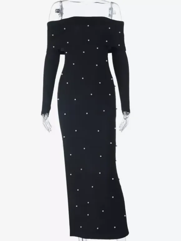Off Shoulder Women's Maxi Dress - Elegant Pearl Beaded Back Slit Black Bodycon - Spring Party Wear 2026