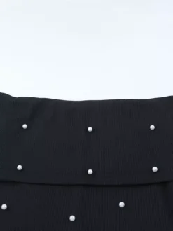 Off Shoulder Women's Maxi Dress - Elegant Pearl Beaded Back Slit Black Bodycon - Spring Party Wear 2026