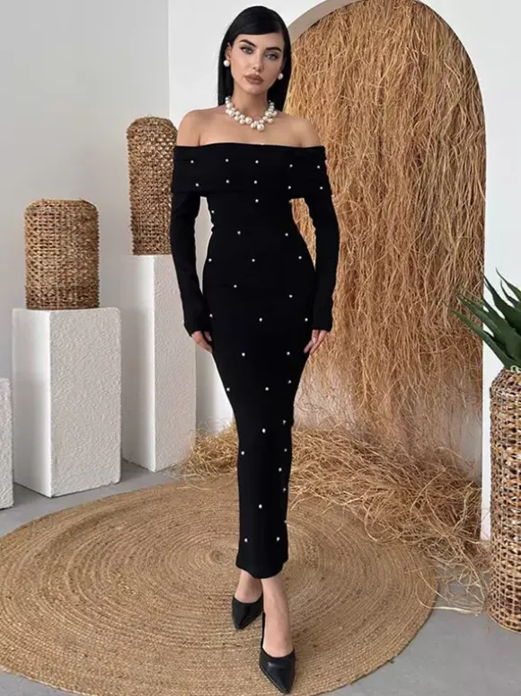 Off Shoulder Women's Maxi Dress - Elegant Pearl Beaded Back Slit Black Bodycon - Spring Party Wear 2026