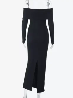 Off Shoulder Women's Maxi Dress - Elegant Pearl Beaded Back Slit Black Bodycon - Spring Party Wear 2026