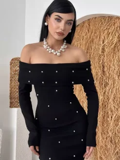 Off Shoulder Women's Maxi Dress - Elegant Pearl Beaded Back Slit Black Bodycon - Spring Party Wear 2026