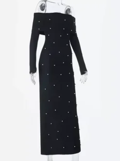 Off Shoulder Women's Maxi Dress - Elegant Pearl Beaded Back Slit Black Bodycon - Spring Party Wear 2026