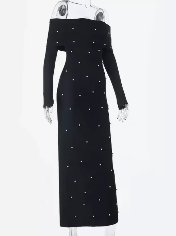 Off Shoulder Women's Maxi Dress - Elegant Pearl Beaded Back Slit Black Bodycon - Spring Party Wear 2026