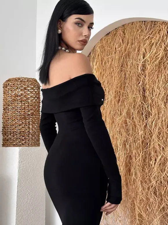 Off Shoulder Women's Maxi Dress - Elegant Pearl Beaded Back Slit Black Bodycon - Spring Party Wear 2026