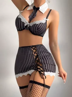 Office Secretary Striped Lace-Up Lingerie Costume Set