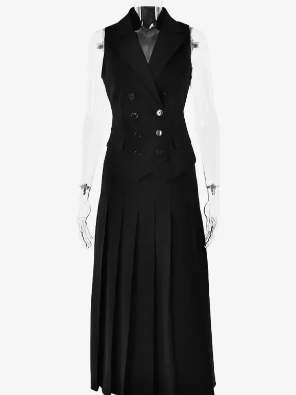 Office Two Piece Co-ord Set For Women Double-breasted Lapel Vest And Pleated Long Skirt Summer Outfit 2026