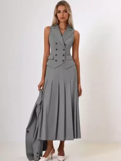 Office Two Piece Co-ord Set For Women Double-breasted Lapel Vest And Pleated Long Skirt Summer Outfit 2026