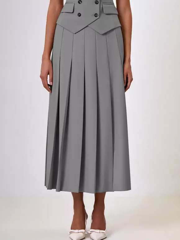 Office Two Piece Co-ord Set For Women Double-breasted Lapel Vest And Pleated Long Skirt Summer Outfit 2026