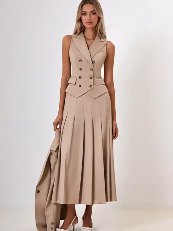 Office Two Piece Co-ord Set For Women Double-breasted Lapel Vest And Pleated Long Skirt Summer Outfit 2026