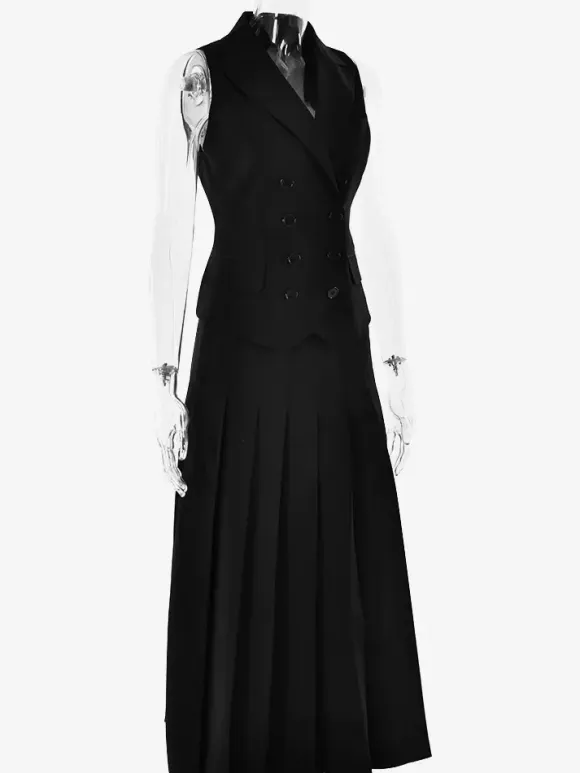 Office Two Piece Co-ord Set For Women Double-breasted Lapel Vest And Pleated Long Skirt Summer Outfit 2026