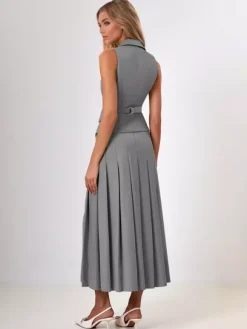Office Two Piece Co-ord Set For Women Double-breasted Lapel Vest And Pleated Long Skirt Summer Outfit 2026