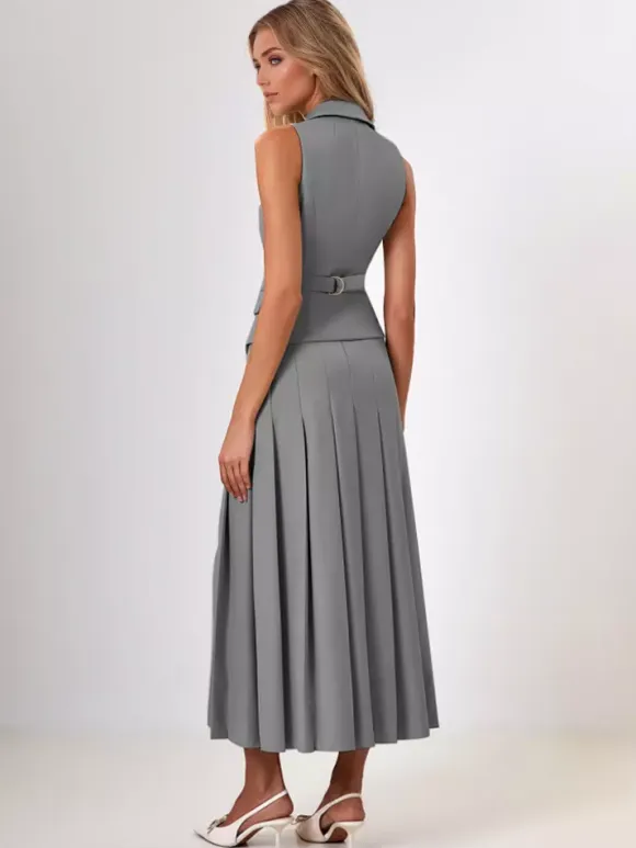 Office Two Piece Co-ord Set For Women Double-breasted Lapel Vest And Pleated Long Skirt Summer Outfit 2026