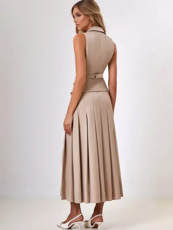 Office Two Piece Co-ord Set For Women Double-breasted Lapel Vest And Pleated Long Skirt Summer Outfit 2026