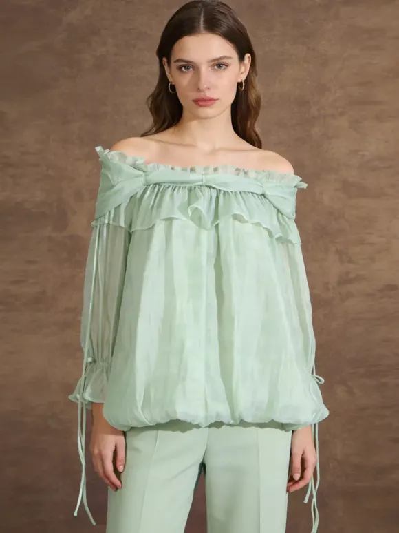 Off Shoulder Chiffon Blouses For Women - Fairycore Ruffle Bubble Hem Long Sleeves Tops - Summer Casual Party 2026