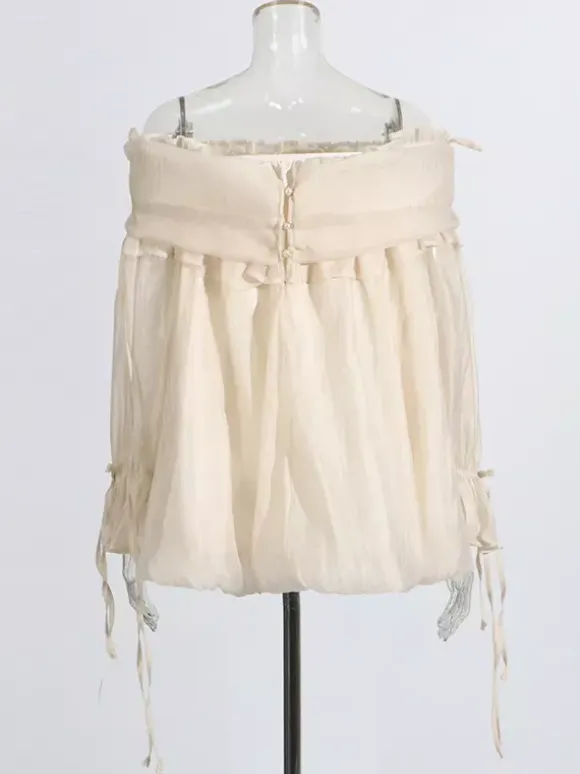 Off Shoulder Chiffon Blouses For Women - Fairycore Ruffle Bubble Hem Long Sleeves Tops - Summer Casual Party 2026