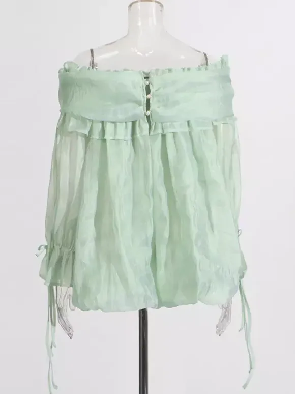 Off Shoulder Chiffon Blouses For Women - Fairycore Ruffle Bubble Hem Long Sleeves Tops - Summer Casual Party 2026