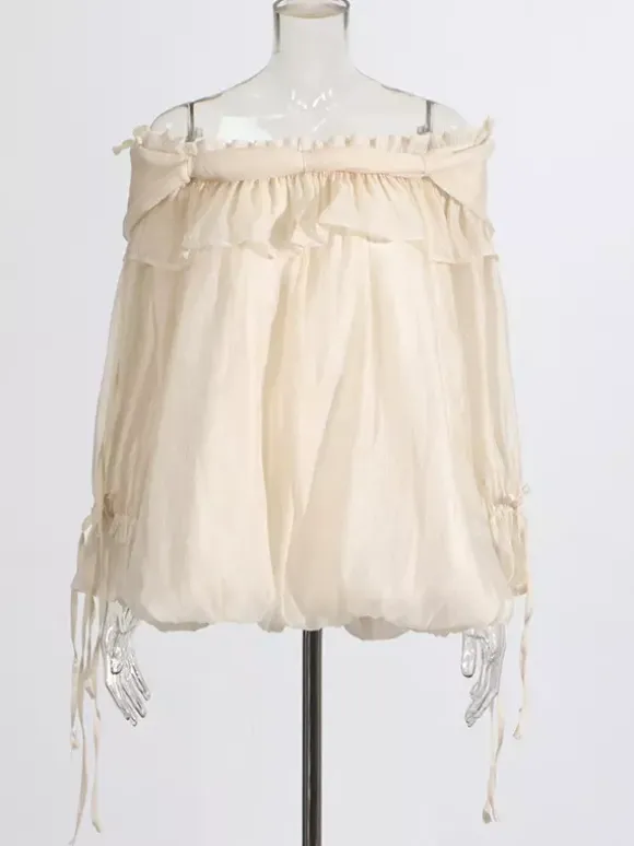 Off Shoulder Chiffon Blouses For Women - Fairycore Ruffle Bubble Hem Long Sleeves Tops - Summer Casual Party 2026