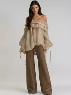 Off Shoulder Chiffon Blouses For Women - Fairycore Ruffle Bubble Hem Long Sleeves Tops - Summer Casual Party 2026