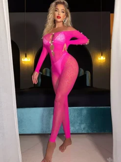 Off Shoulder Floral Lace Catsuit Long Sleeve Cutout Ring Sheer Mesh Bodysuit