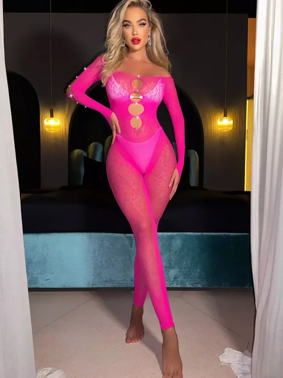 Off Shoulder Floral Lace Catsuit Long Sleeve Cutout Ring Sheer Mesh Bodysuit
